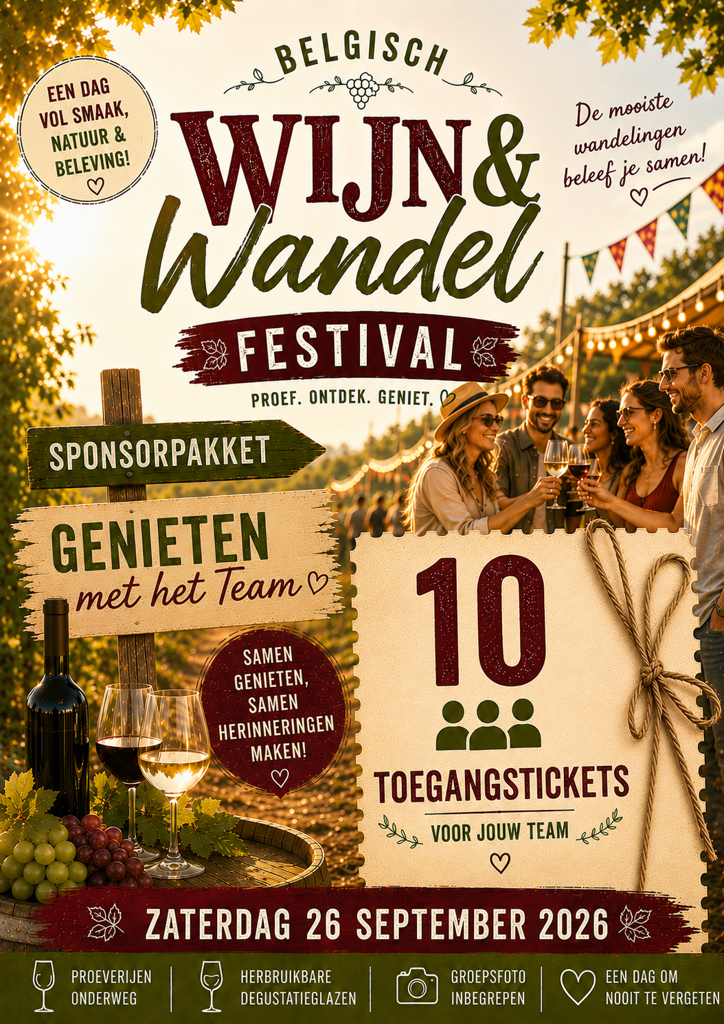 Sponsorpakket - pakket 1 voor 10 pers - Zaterdag 26/9  - Belgische wijnwandeling - Genieten met het team