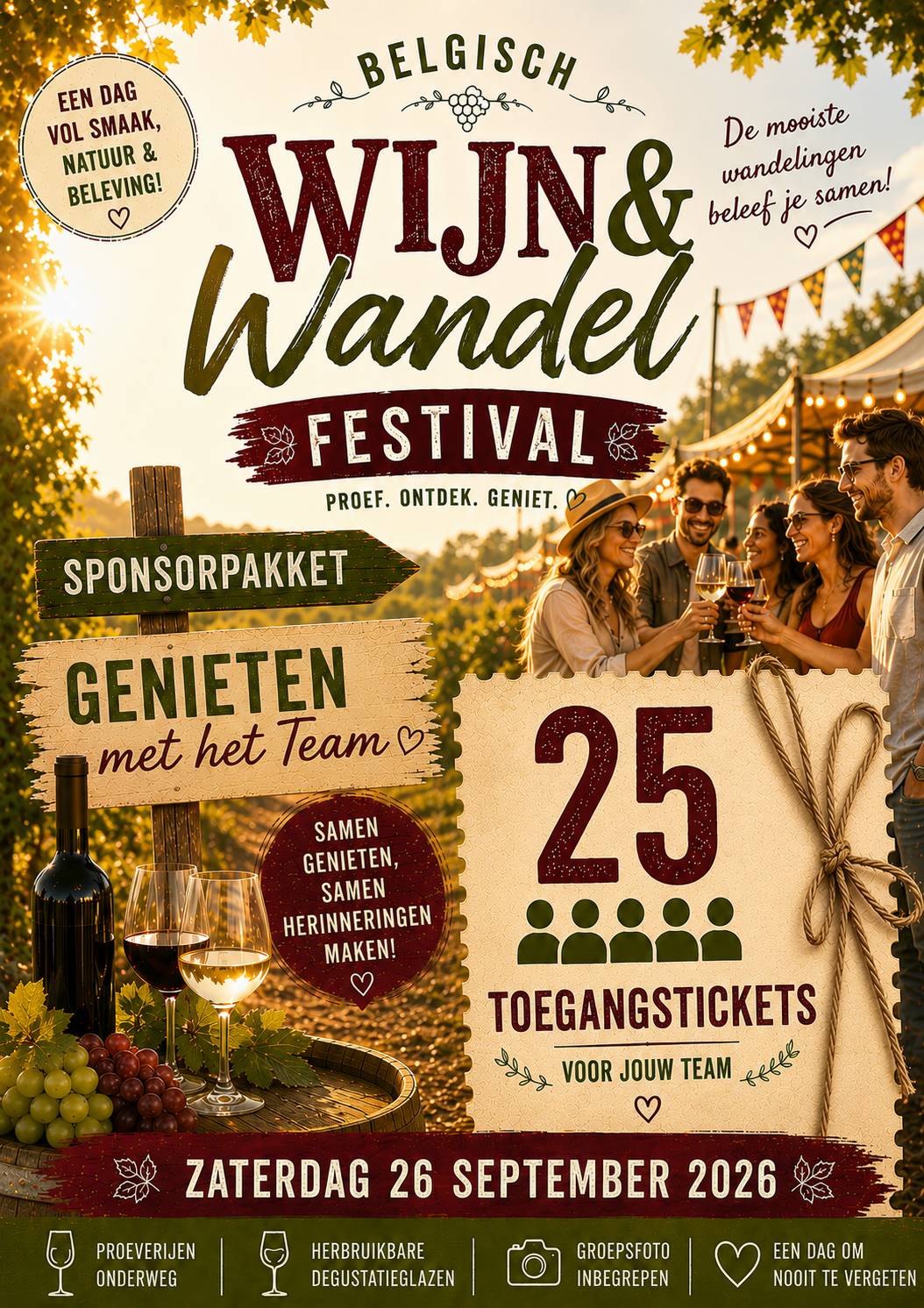 Sponsorpakket - pakket 1 voor 25 pers - Zaterdag 26/9  - Belgische wijnwandeling - Genieten met het team