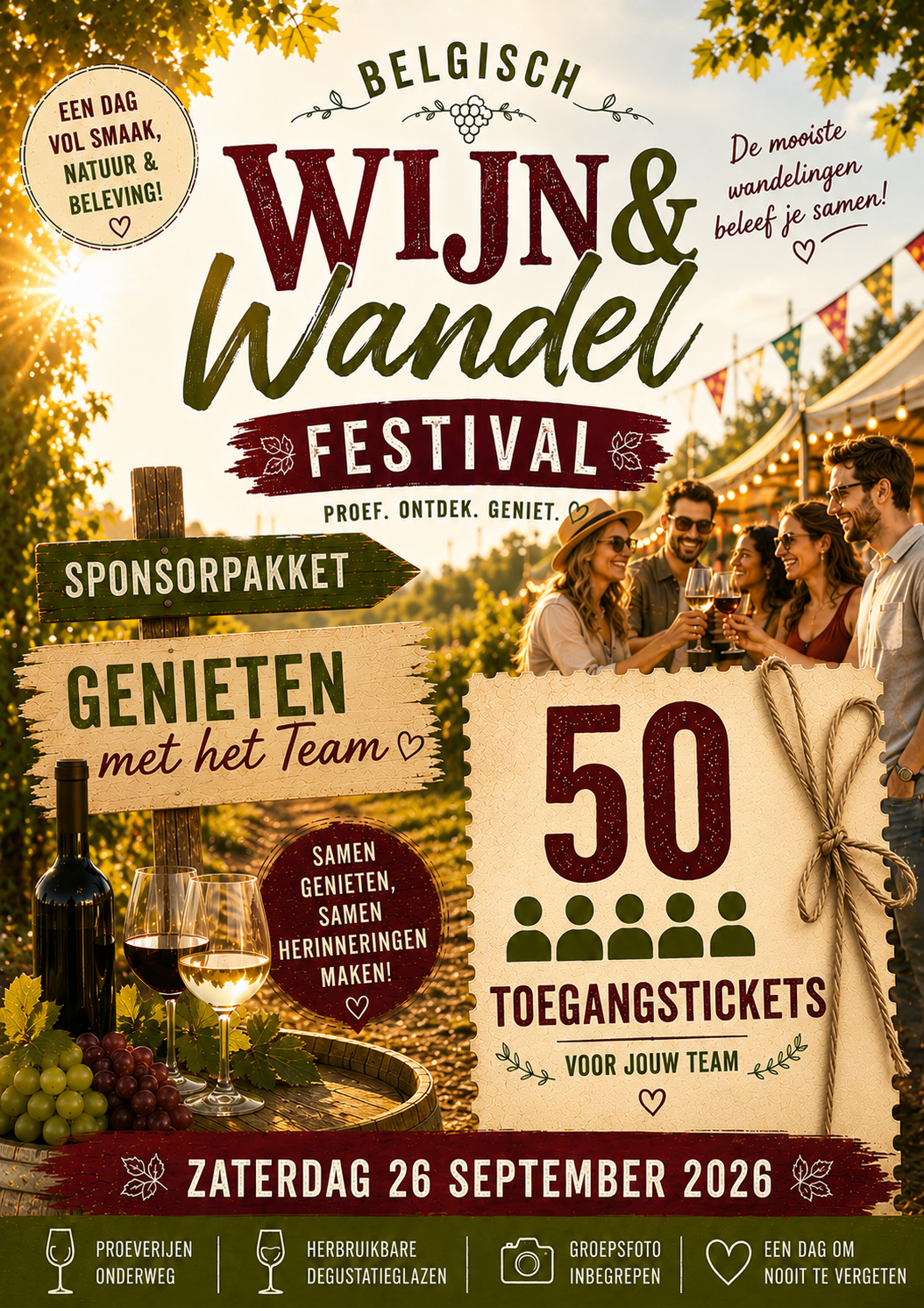 Sponsorpakket - pakket 1 voor 50 pers - Zaterdag 26/9 - Belgische wijnwandeling - Genieten met het team