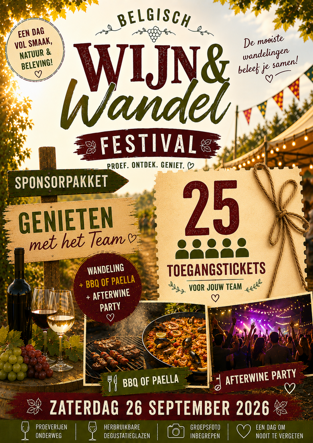 Sponsorpakket - pakket 3 voor 25 pers - Zaterdag 26/9 - Belgische wijnwandeling + After Wineparty (vanaf 15u)