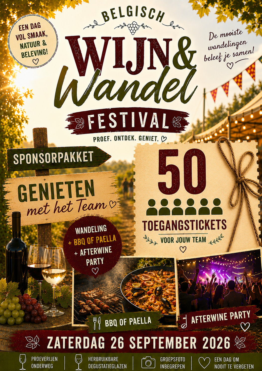 Sponsorpakket - pakket 3 voor 50 pers - Zaterdag 26/9 - Belgische wijnwandeling + After wineparty (vanaf 15u)