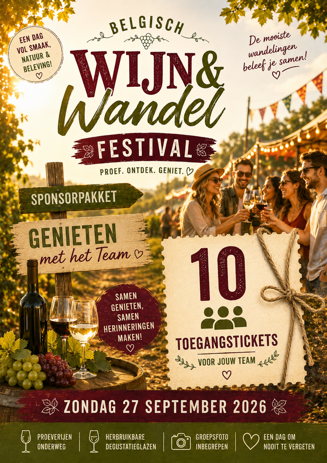 Sponsorpakket - pakket 1 voor 10 pers - Zondag 27/9  - Belgische wijnwandeling - Genieten met het team
