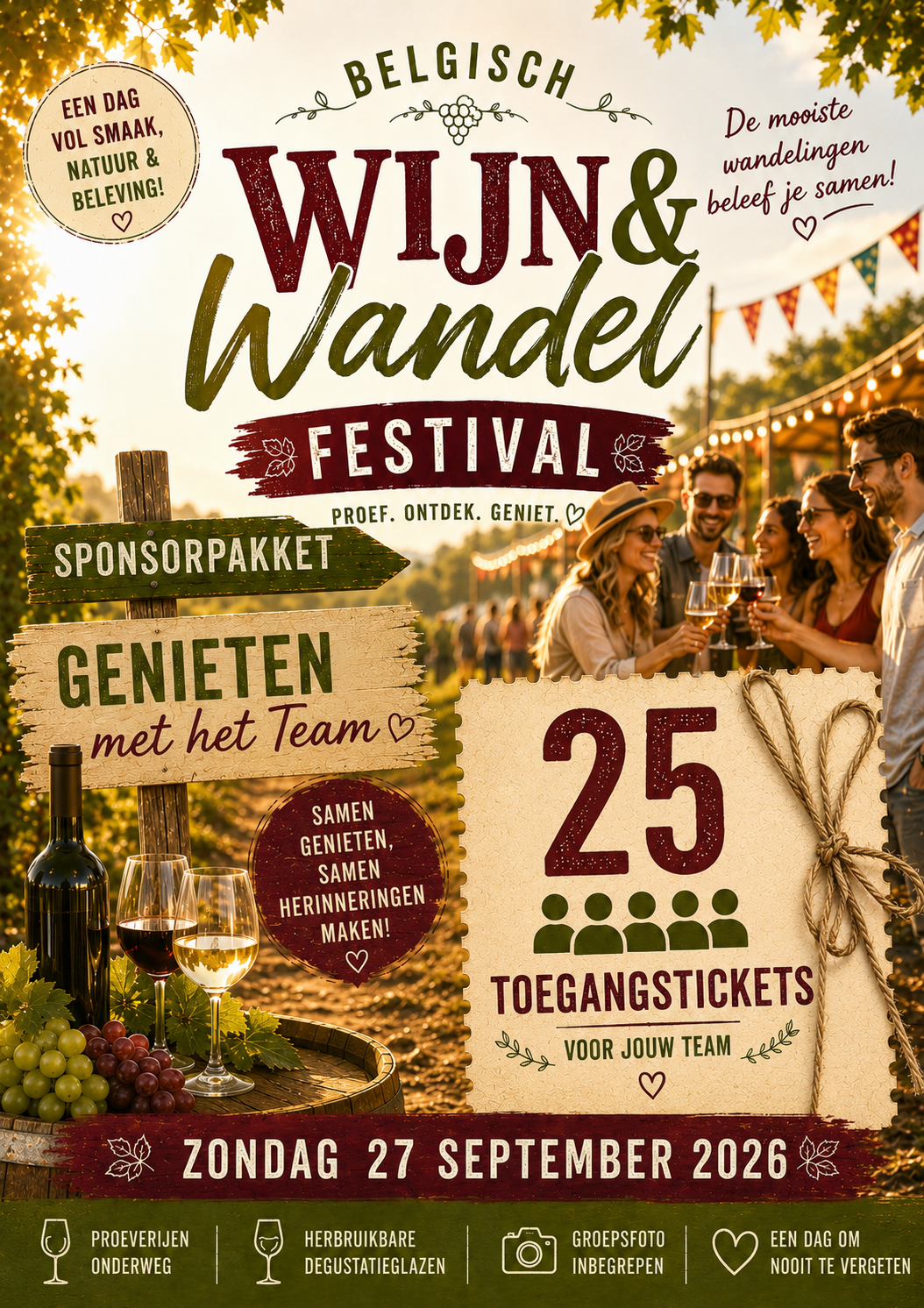 Sponsorpakket - pakket 1 voor 25 pers - Zondag 27/9  - Belgische wijnwandeling - Genieten met het team
