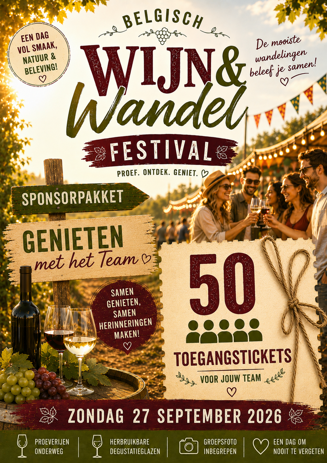 Sponsorpakket - pakket 1 voor 50 pers - Zondag 27/9 - Belgische wijnwandeling - Genieten met het team