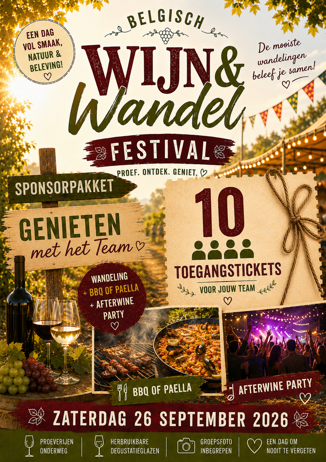 Sponsorpakket - pakket 3 voor 10 pers - Zaterdag 26/9 - Belgische wijnwandeling + After Wineparty (vanaf 15u)